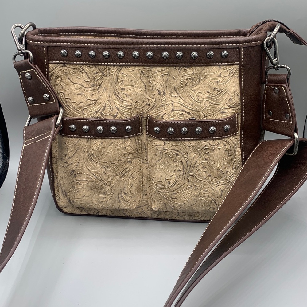 Blazin Roxx Tan Tooled Leather Concealed Brown Studded Crossbody Bag Purse